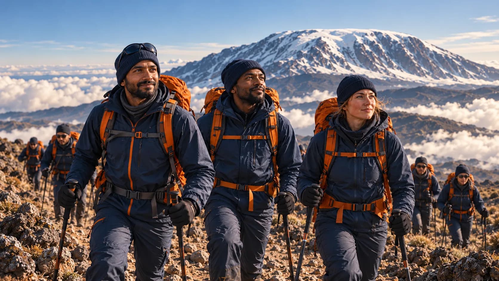 AOG colleagues, clients and partners trekking above the clouds during Ascent Summit Challenge training on Mount Kilimanjaro