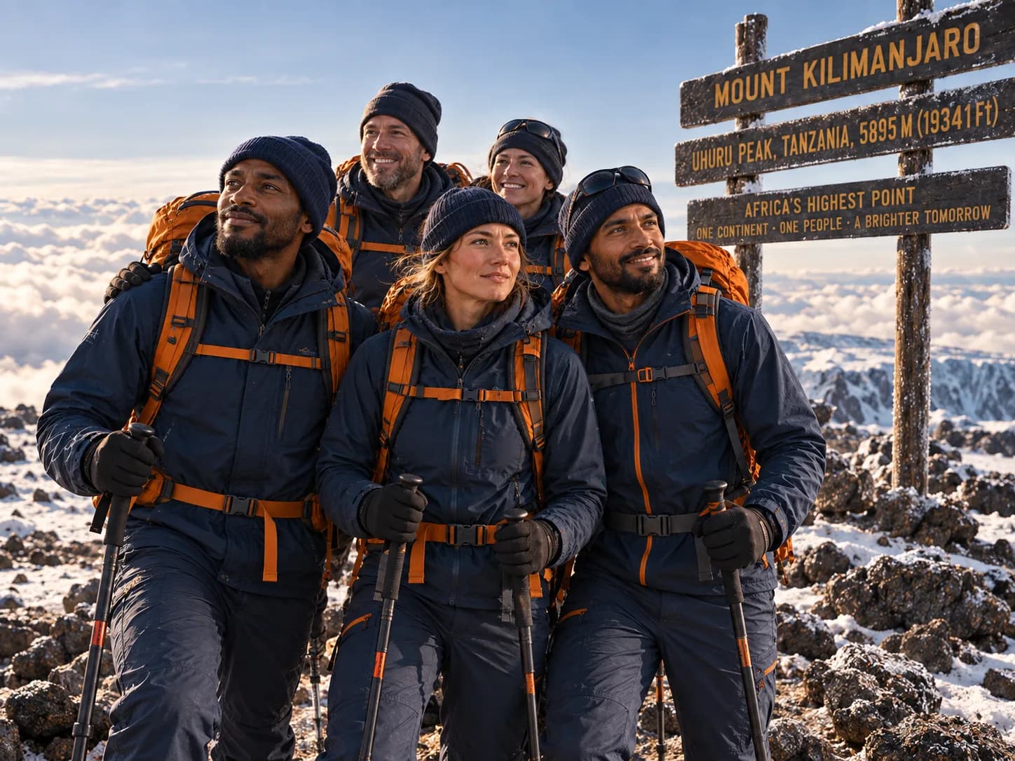 AOG colleagues, clients and partners training for the Ascent Summit Challenge, Mount Kilimanjaro summit sign in view