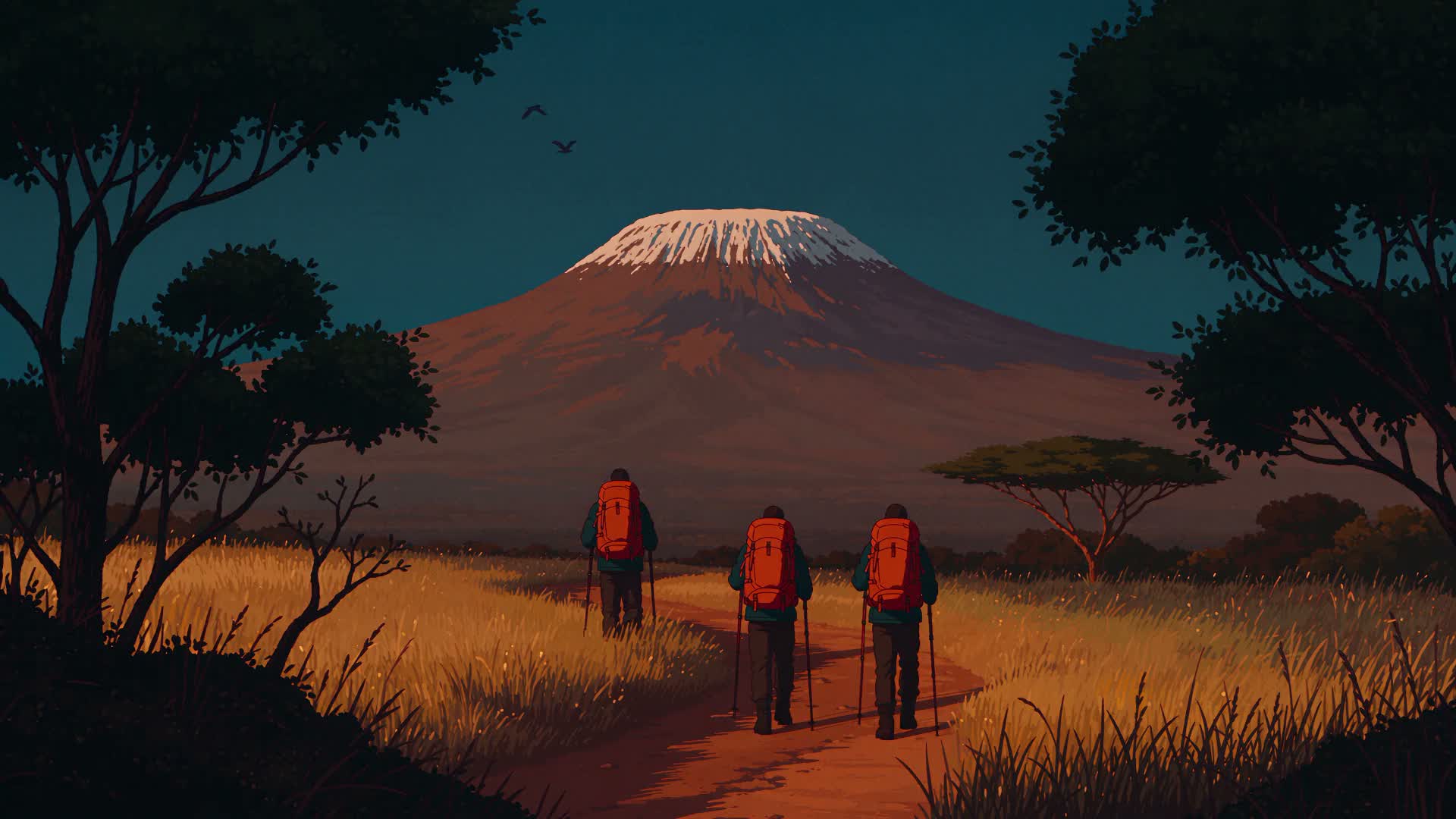 Three climbers walking a trail towards Mount Kilimanjaro at dawn