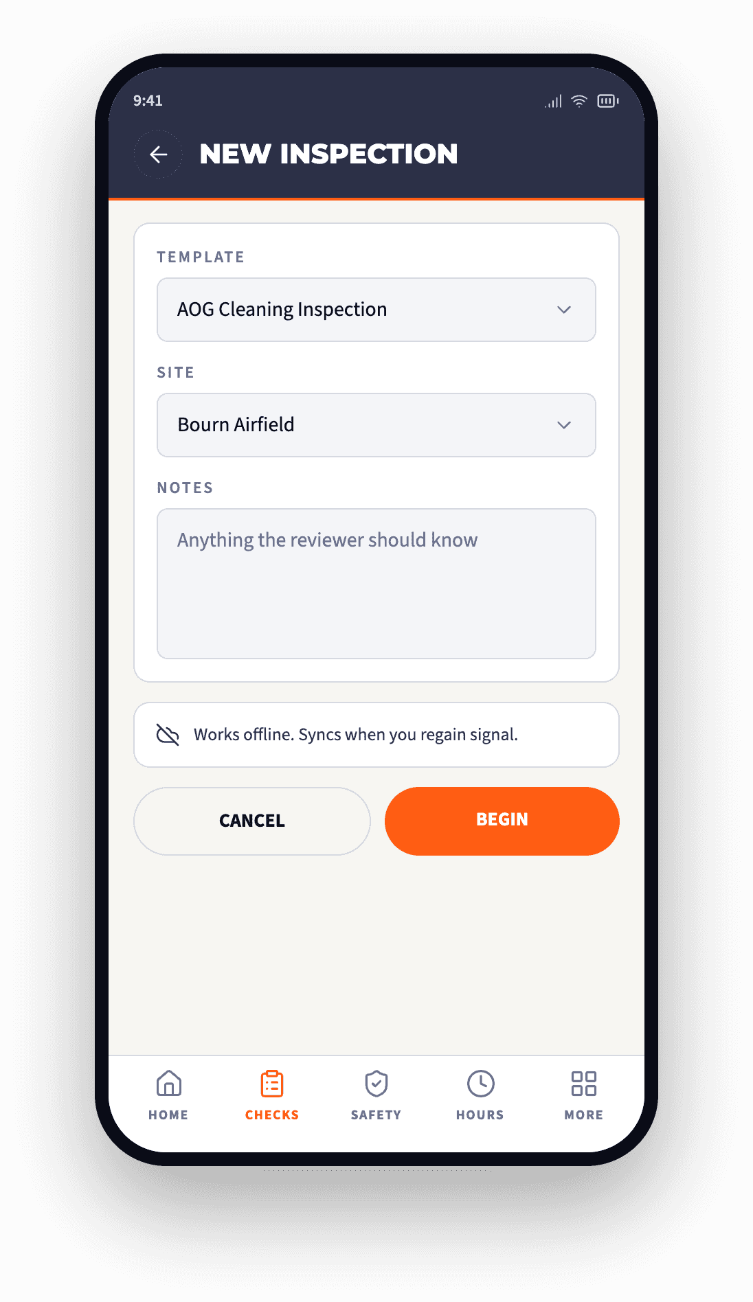 AOG Ops new inspection screen, template and site selection