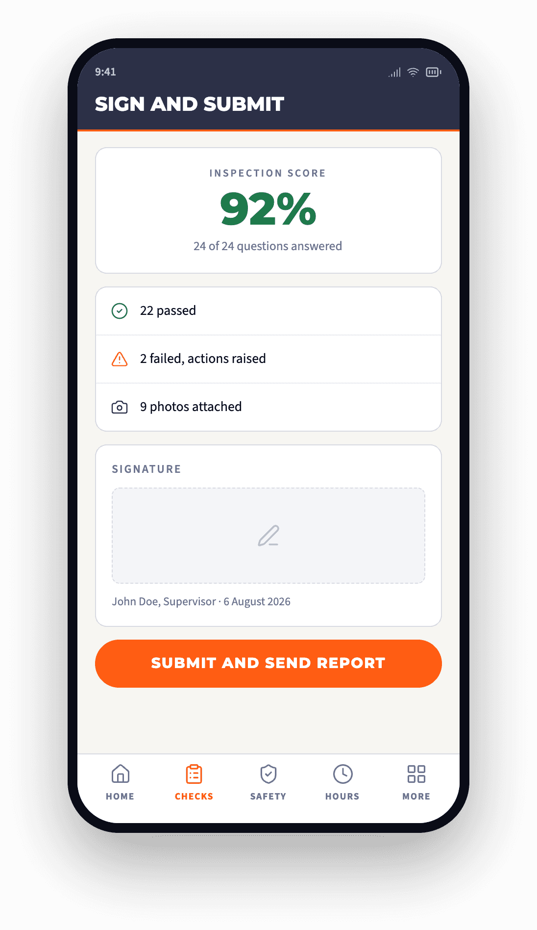 AOG Ops sign and submit screen with inspection score and signature